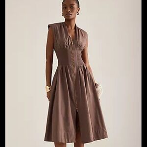 Anthropologie brown sheer smocked Sleeveless brown Dress exposed gold zipper